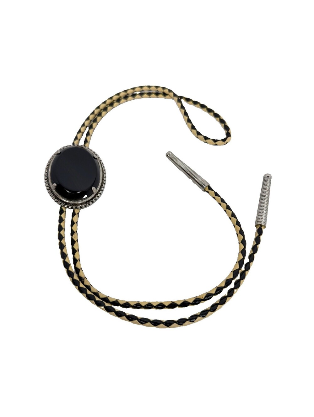 Vintage Western Bolo Tie Two Tone Braided Leather Silver Tone Dark Cabochon